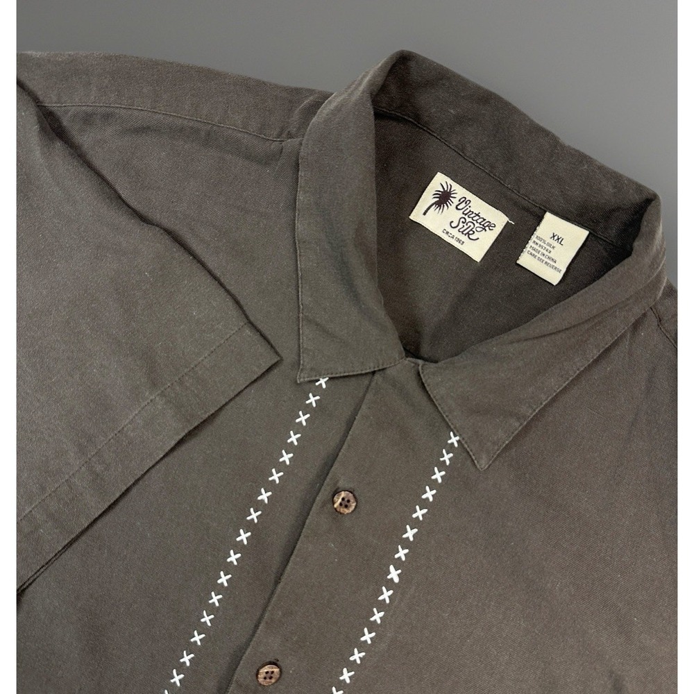 Vintage‎ Silk Mens Button Up Shirt Brown 100 Percent Silk Short Sleeve XXL